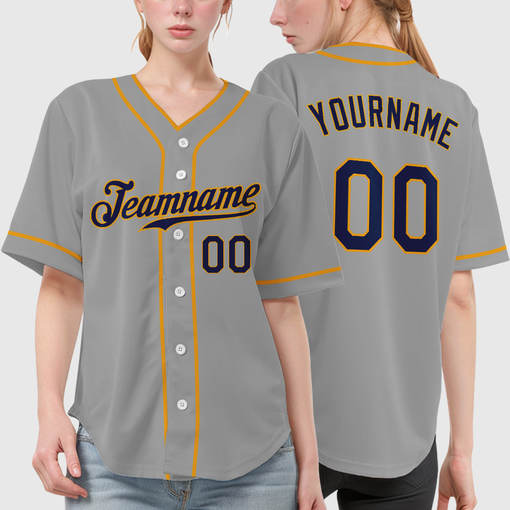Custom Gray Navy Navy-Gold Piping Baseball Jersey