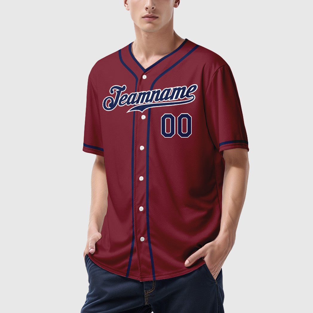 Custom Crimson White Navy Piping Baseball Jersey