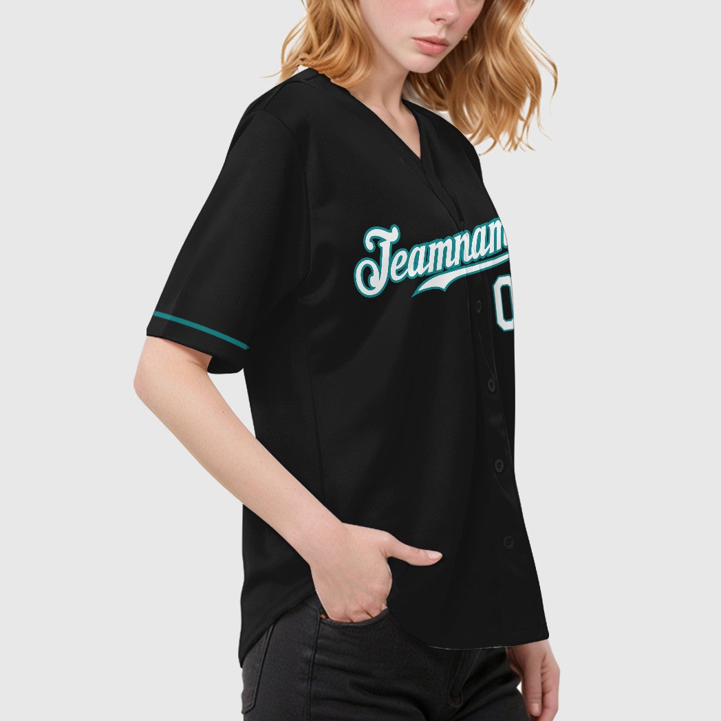 Custom Black Aqua Teal-White Piping Baseball Jersey