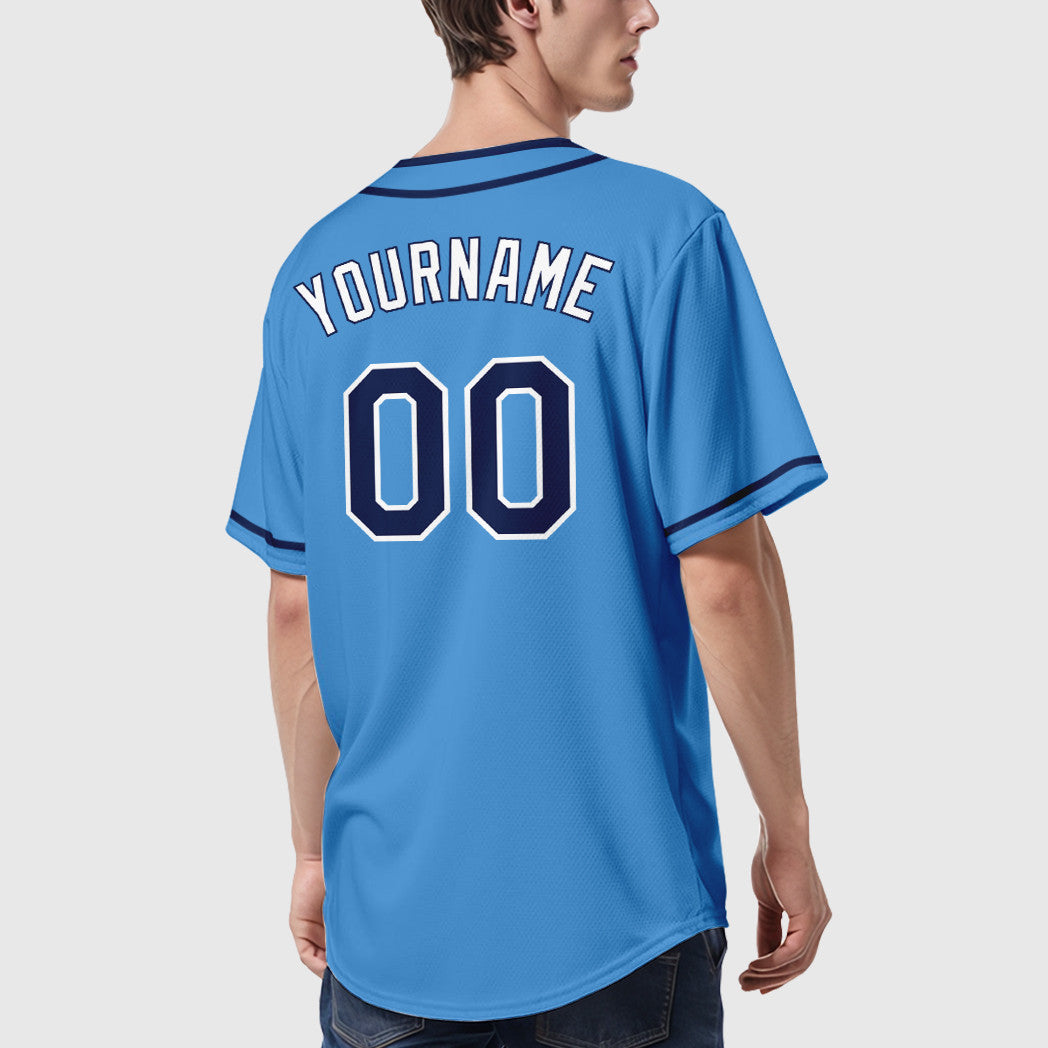 Custom Powder Blue White Navy-White Piping Baseball Jersey