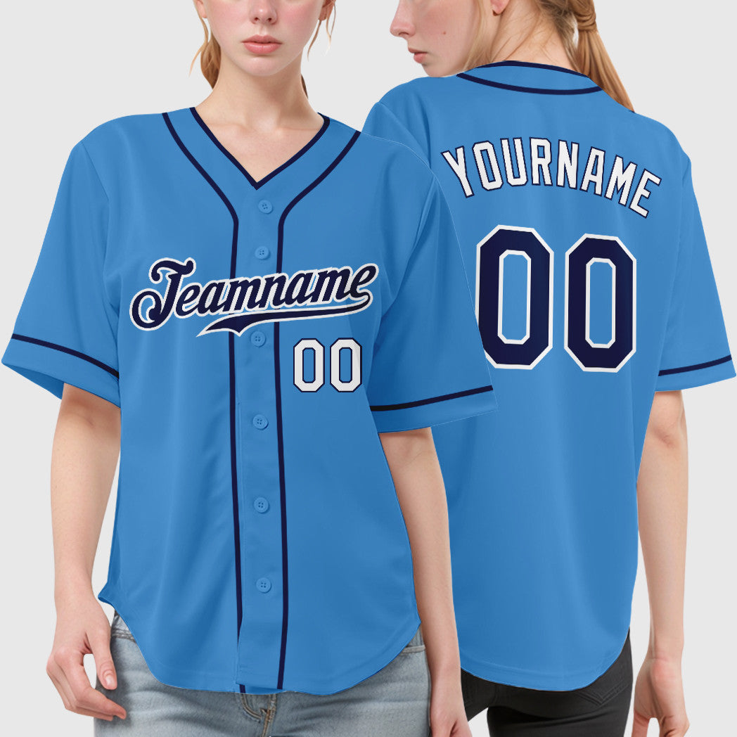 Custom Powder Blue White Navy-White Piping Baseball Jersey