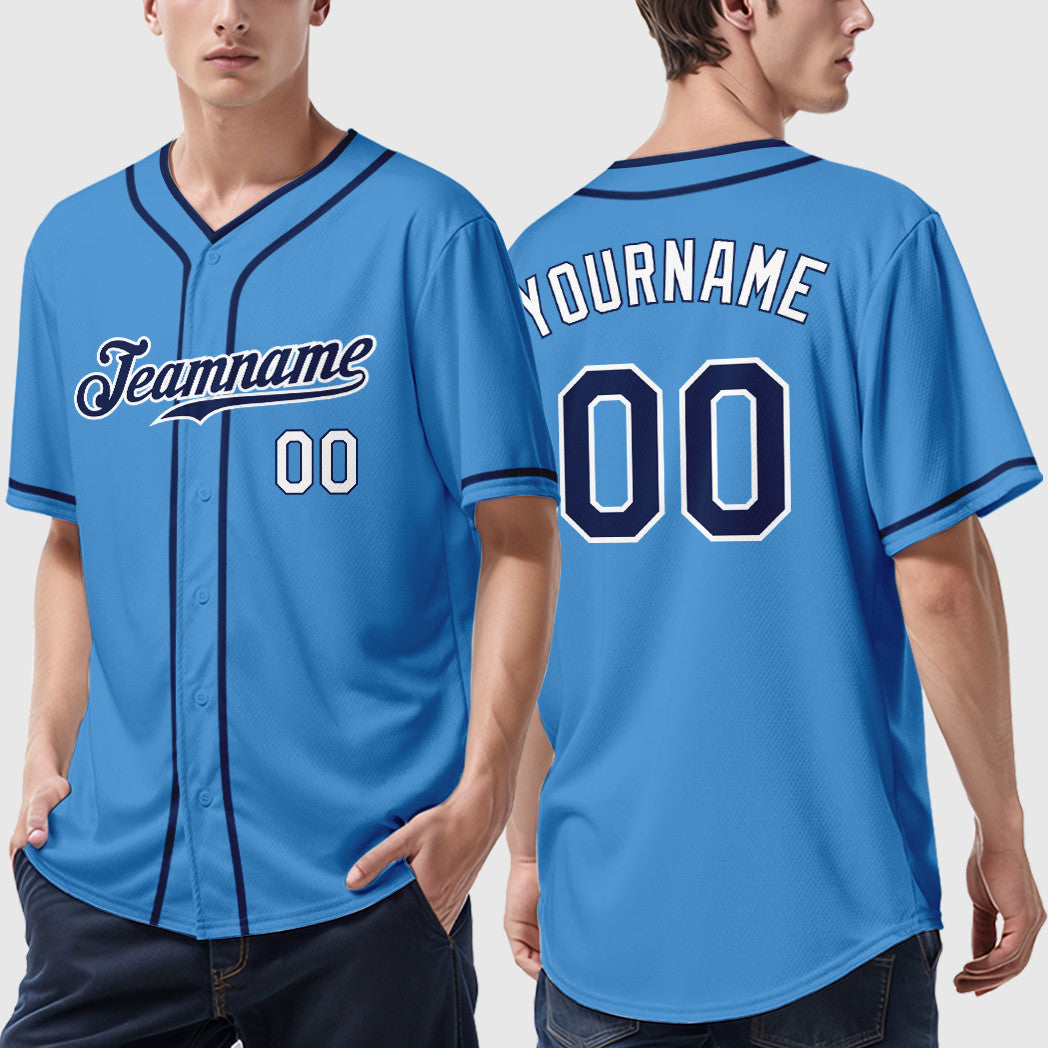 Custom Powder Blue White Navy-White Piping Baseball Jersey