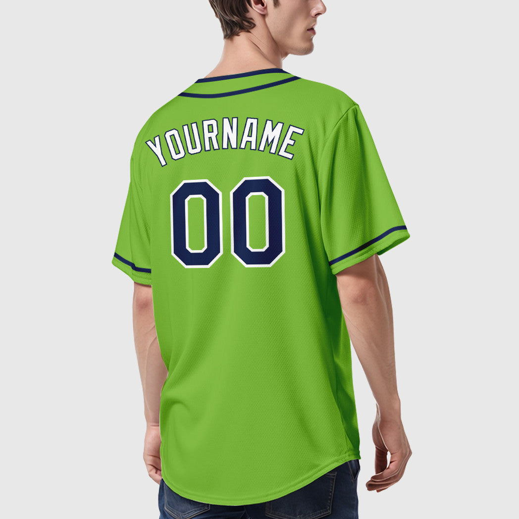 Custom Neon Green Navy Navy-White Piping Baseball Jersey