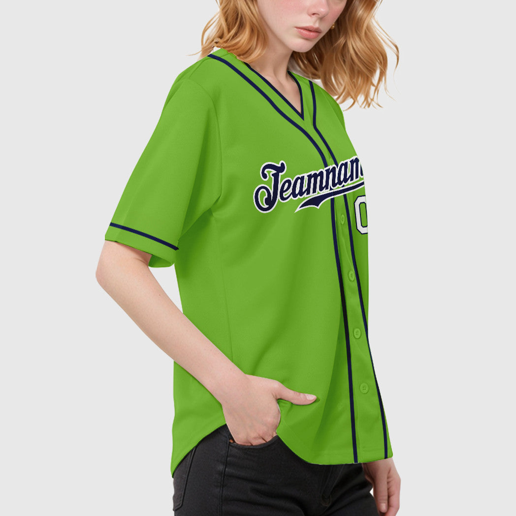 Custom Neon Green Navy Navy-White Piping Baseball Jersey