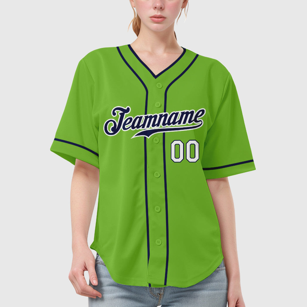 Custom Neon Green Navy Navy-White Piping Baseball Jersey