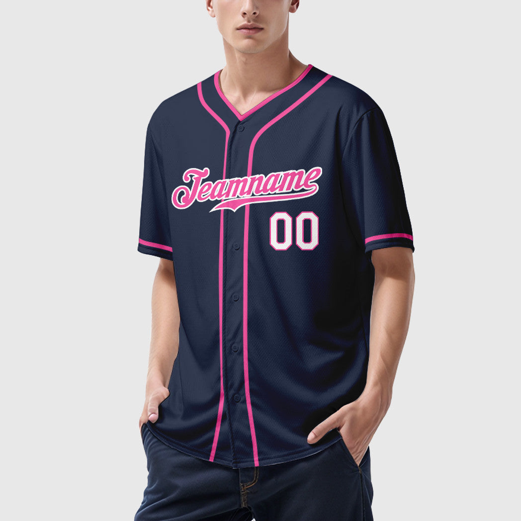 Custom Navy White Pink-White Piping Baseball Jersey
