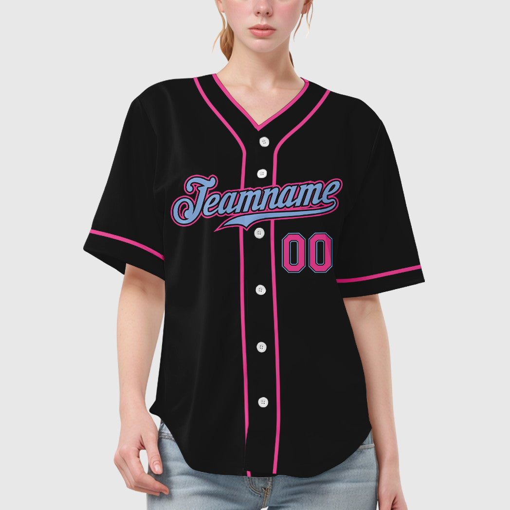 Custom Black Light Blue Pink Piping Baseball Jersey