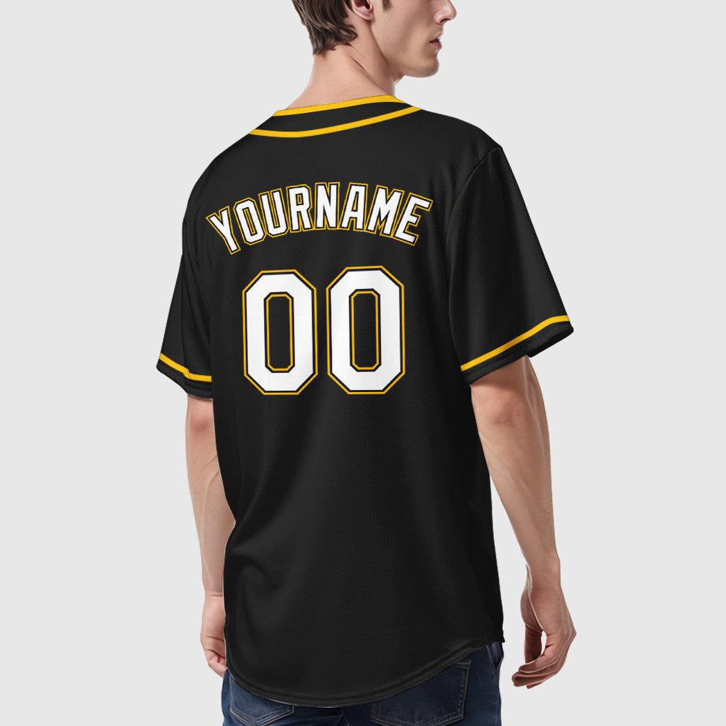 Custom Black White White-Gold Piping Baseball Jersey