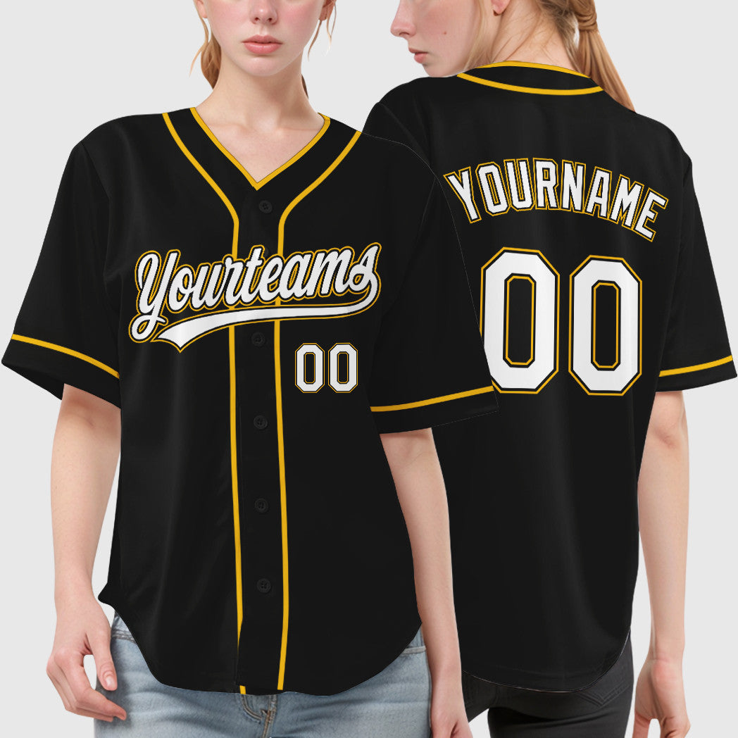 Custom Black White White-Gold Piping Baseball Jersey