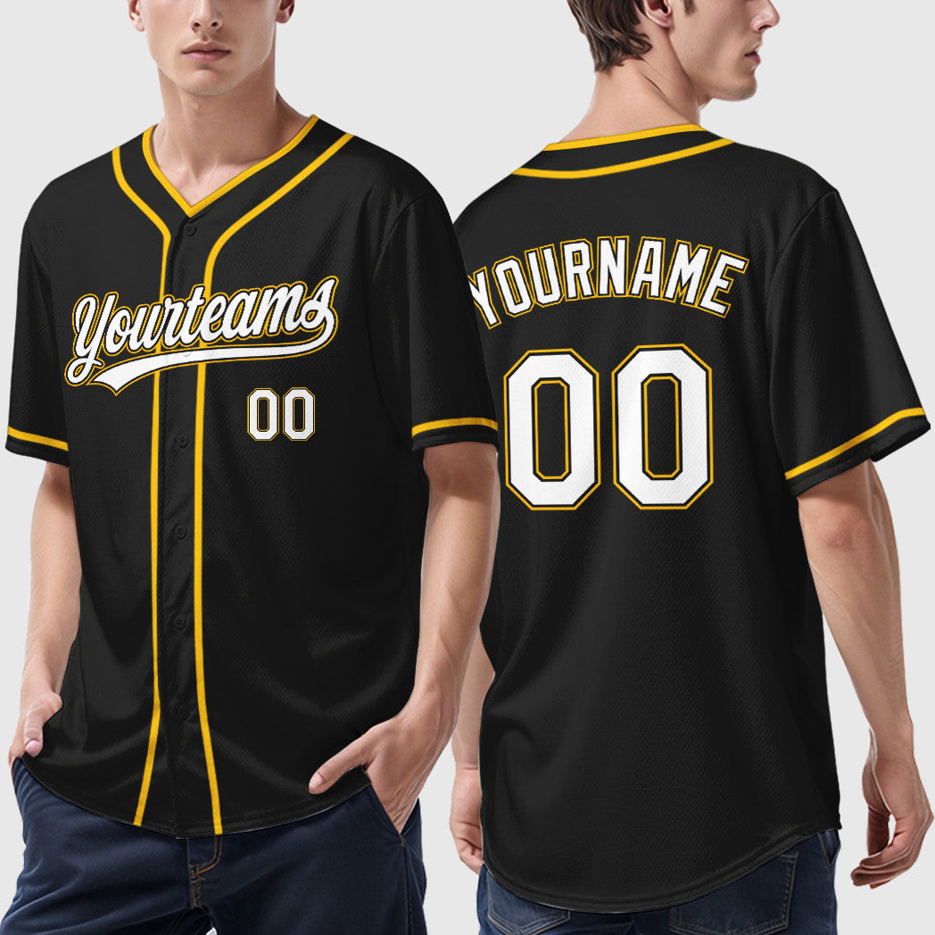 Custom Black White White-Gold Piping Baseball Jersey