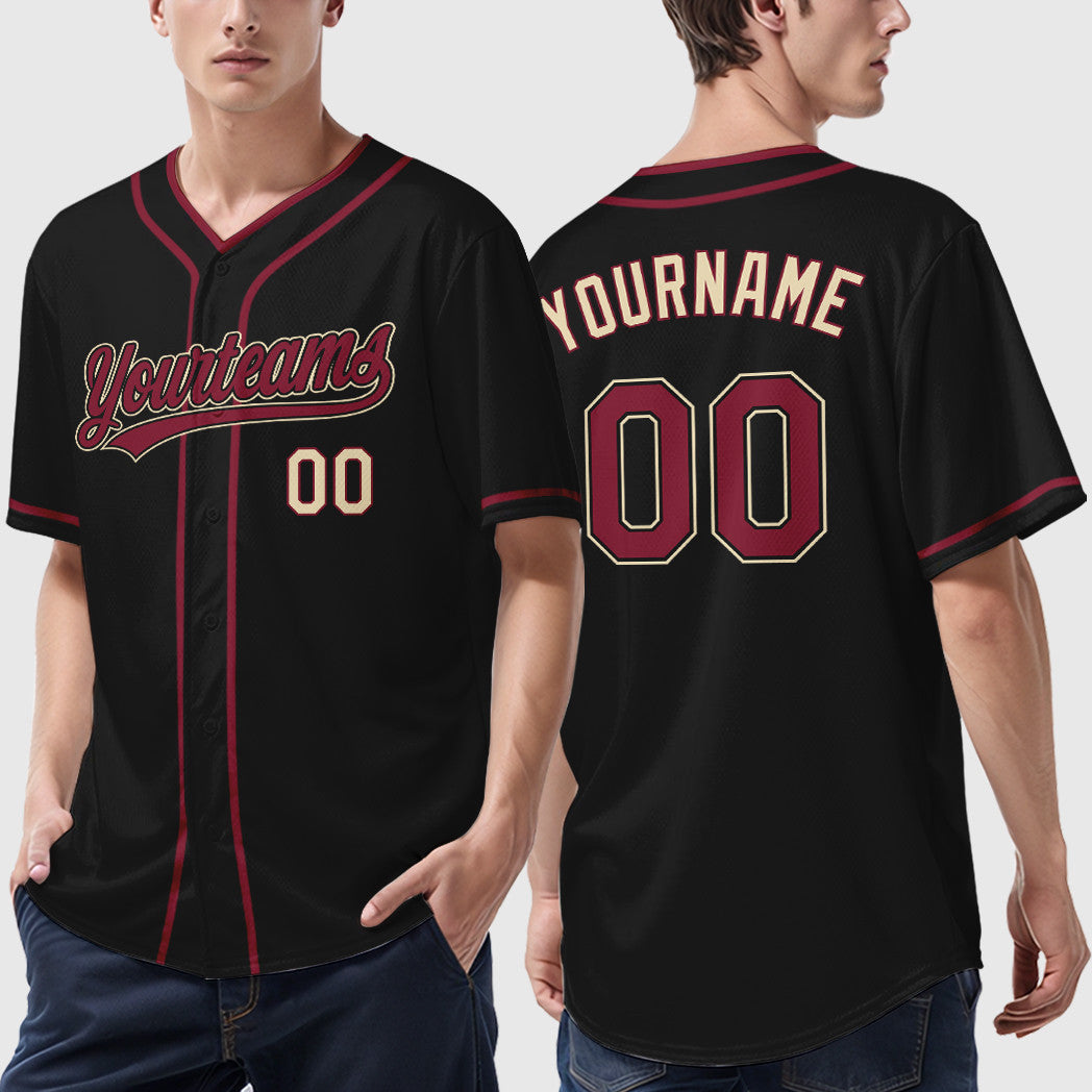 Custom Black Cream Crimson-Cream Piping Baseball Jersey