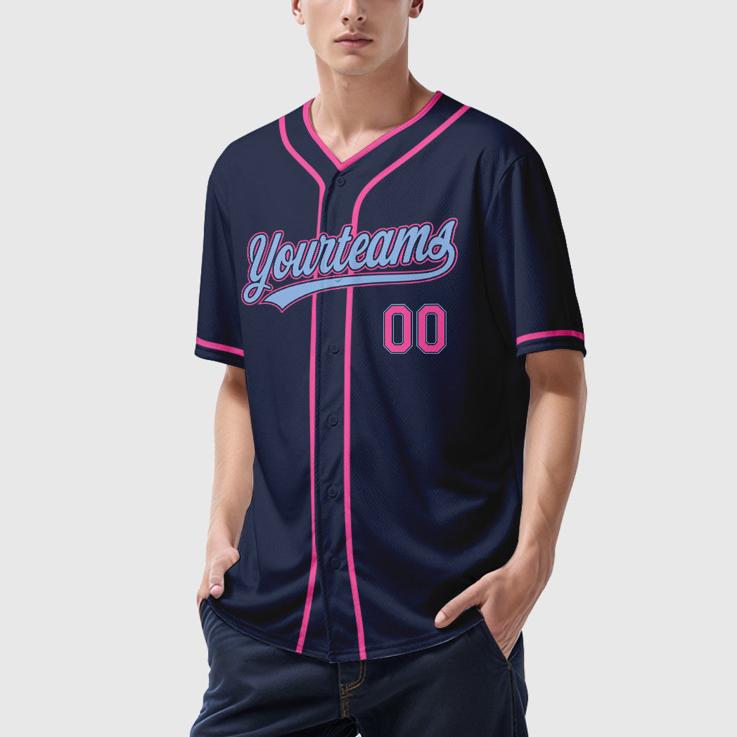 Custom Navy Light Blue Pink Piping Baseball Jersey