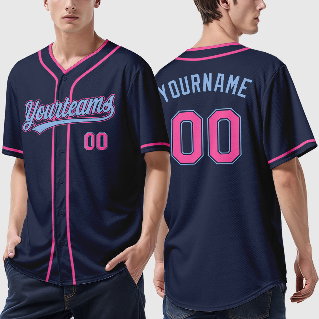 Custom Navy Light Blue Pink Piping Baseball Jersey