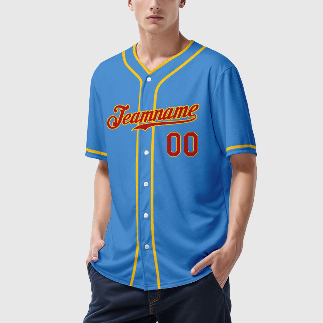 Custom Powder Blue Red Red-Gold Piping Baseball Jersey