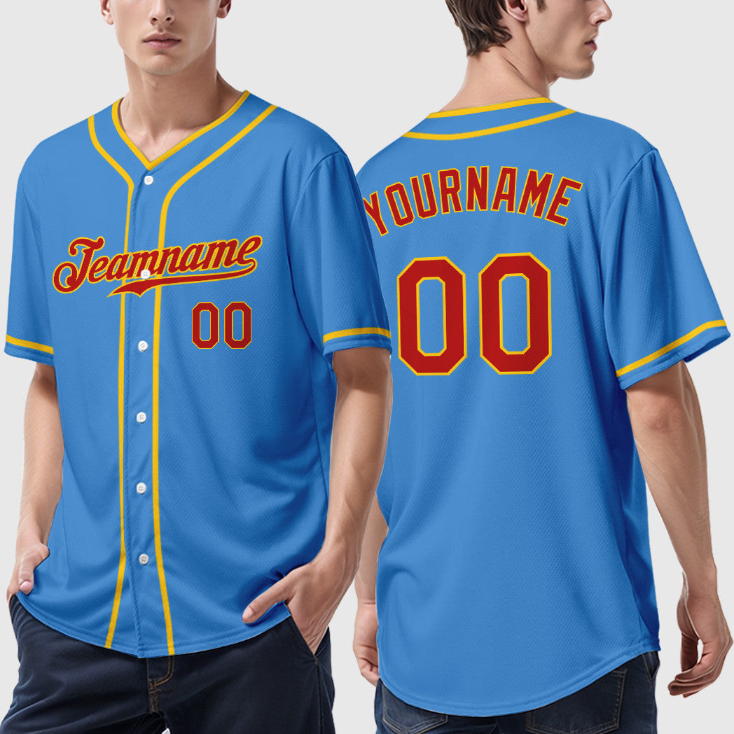 Custom Powder Blue Red Red-Gold Piping Baseball Jersey