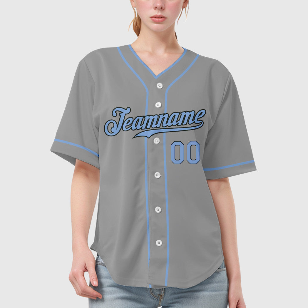 Custom Gray Black Light Blue Piping Baseball Jersey