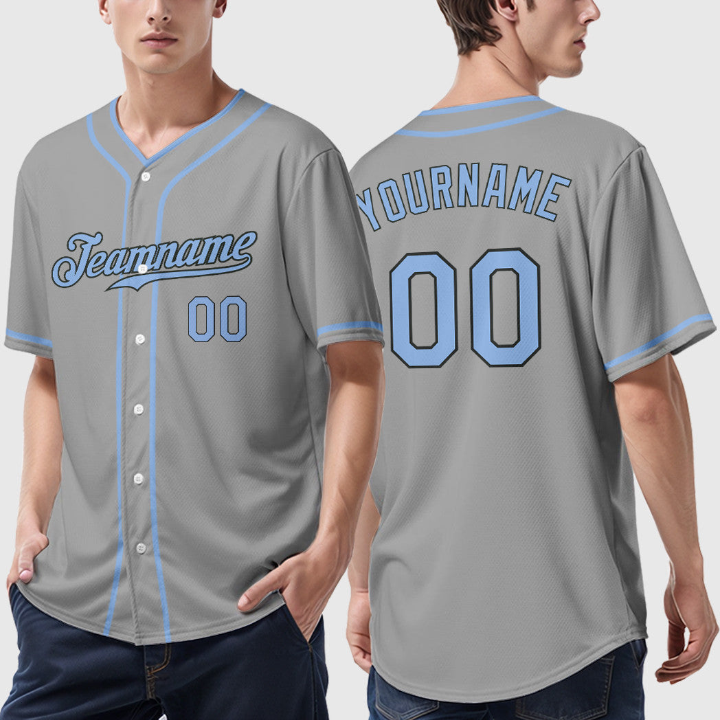 Custom Gray Black Light Blue Piping Baseball Jersey