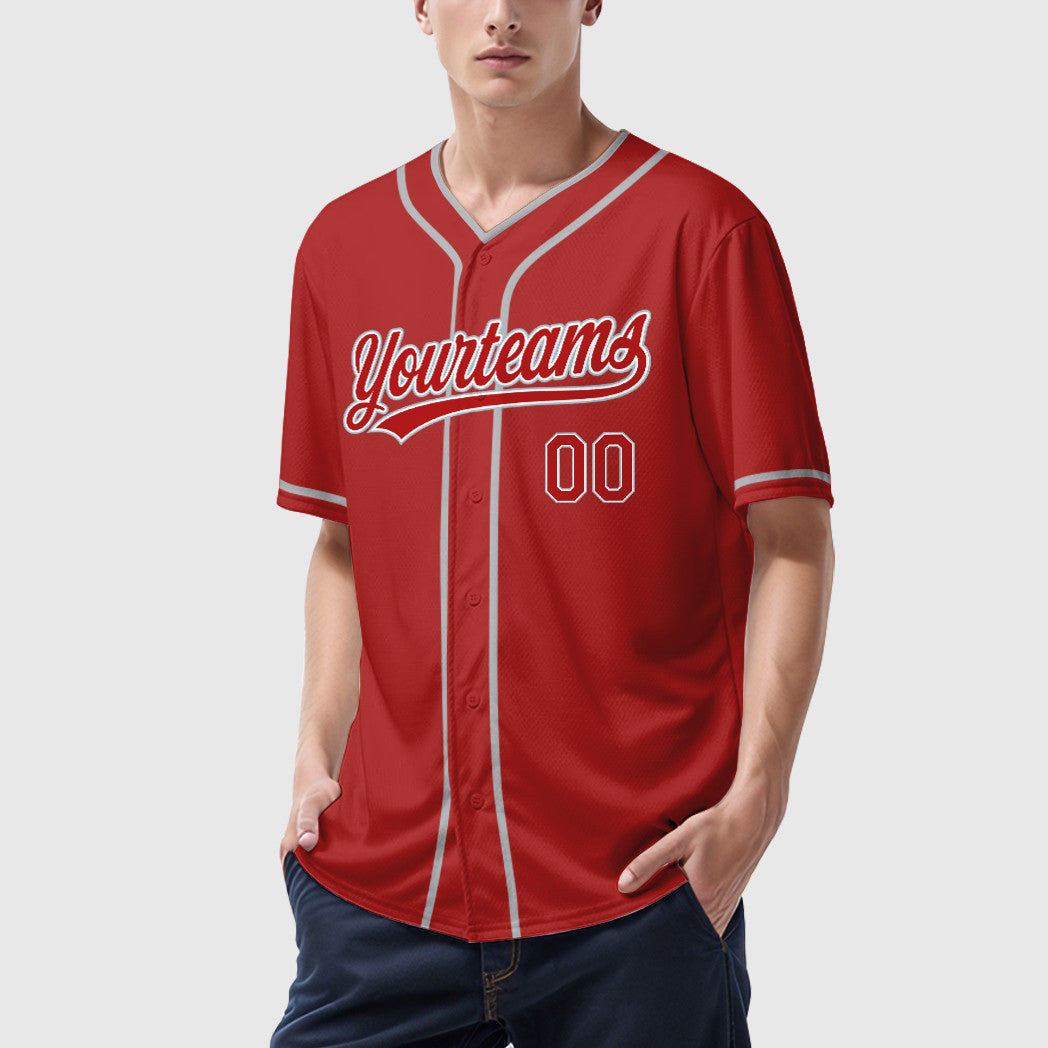 Custom Red White Gray Piping Baseball Jersey