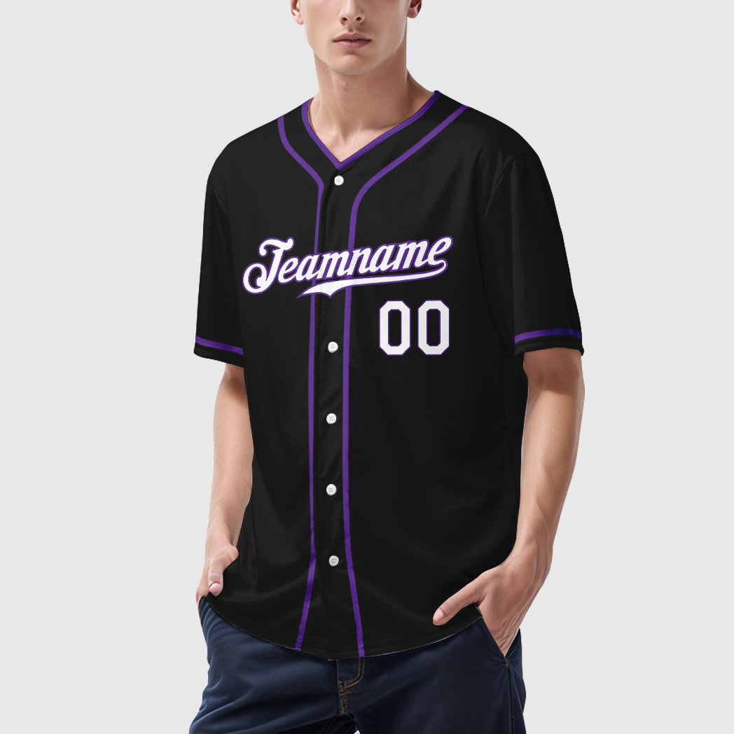 Custom Black White White-Purple Piping Baseball Jersey