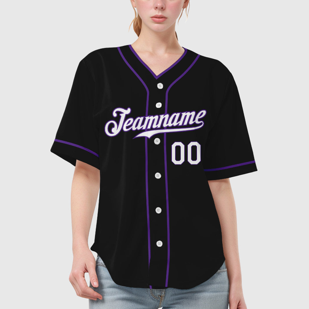Custom Black White White-Purple Piping Baseball Jersey