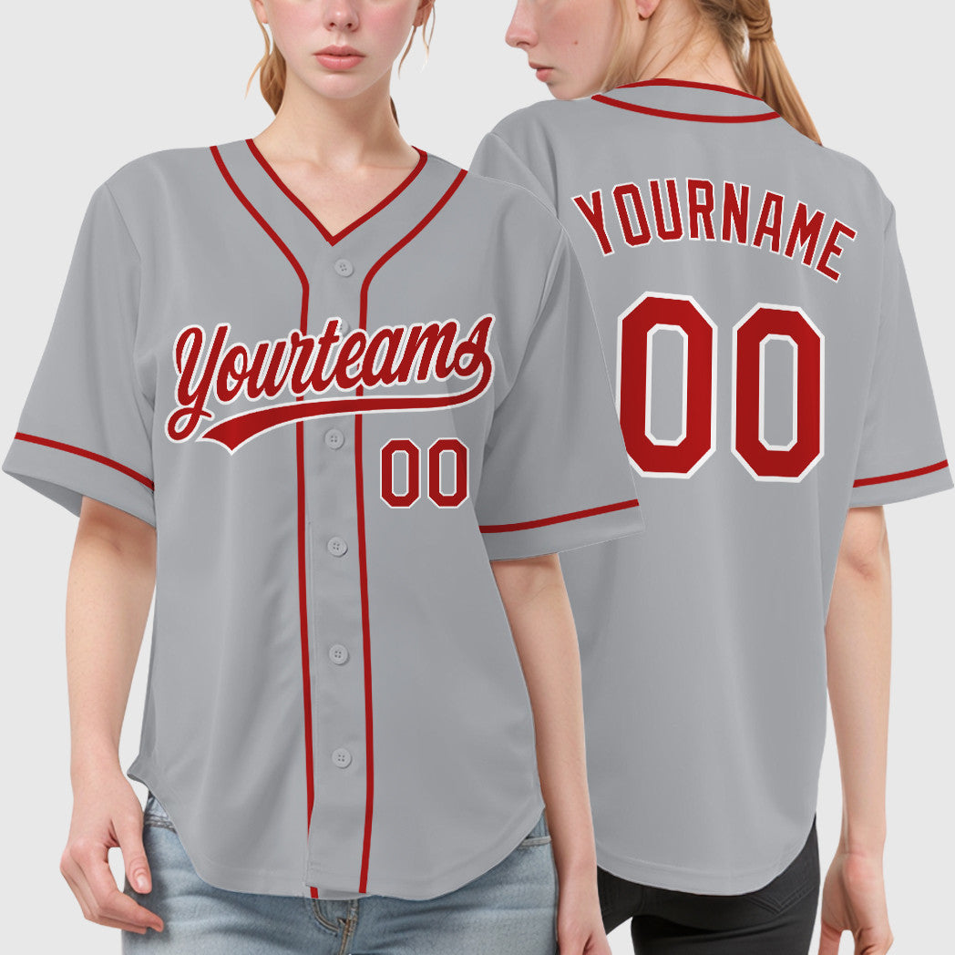 Custom Gray White Red Piping Baseball Jersey