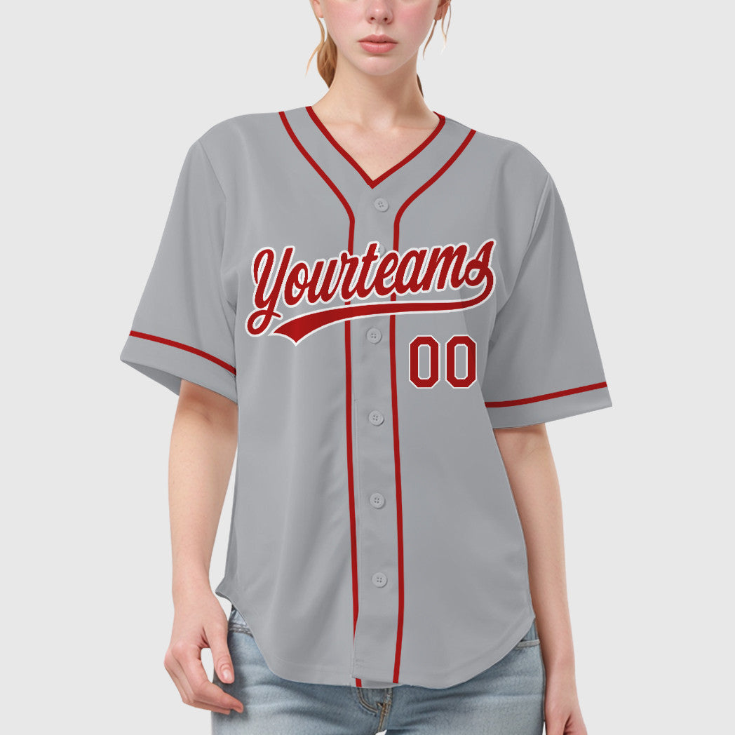 Custom Gray White Red Piping Baseball Jersey