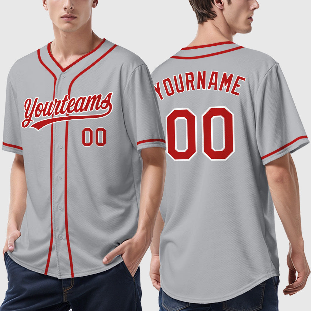 Custom Gray White Red Piping Baseball Jersey
