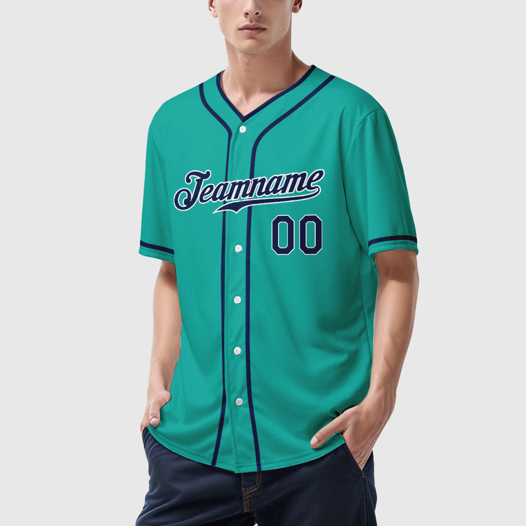 Custom Aqua White Navy Piping Baseball Jersey