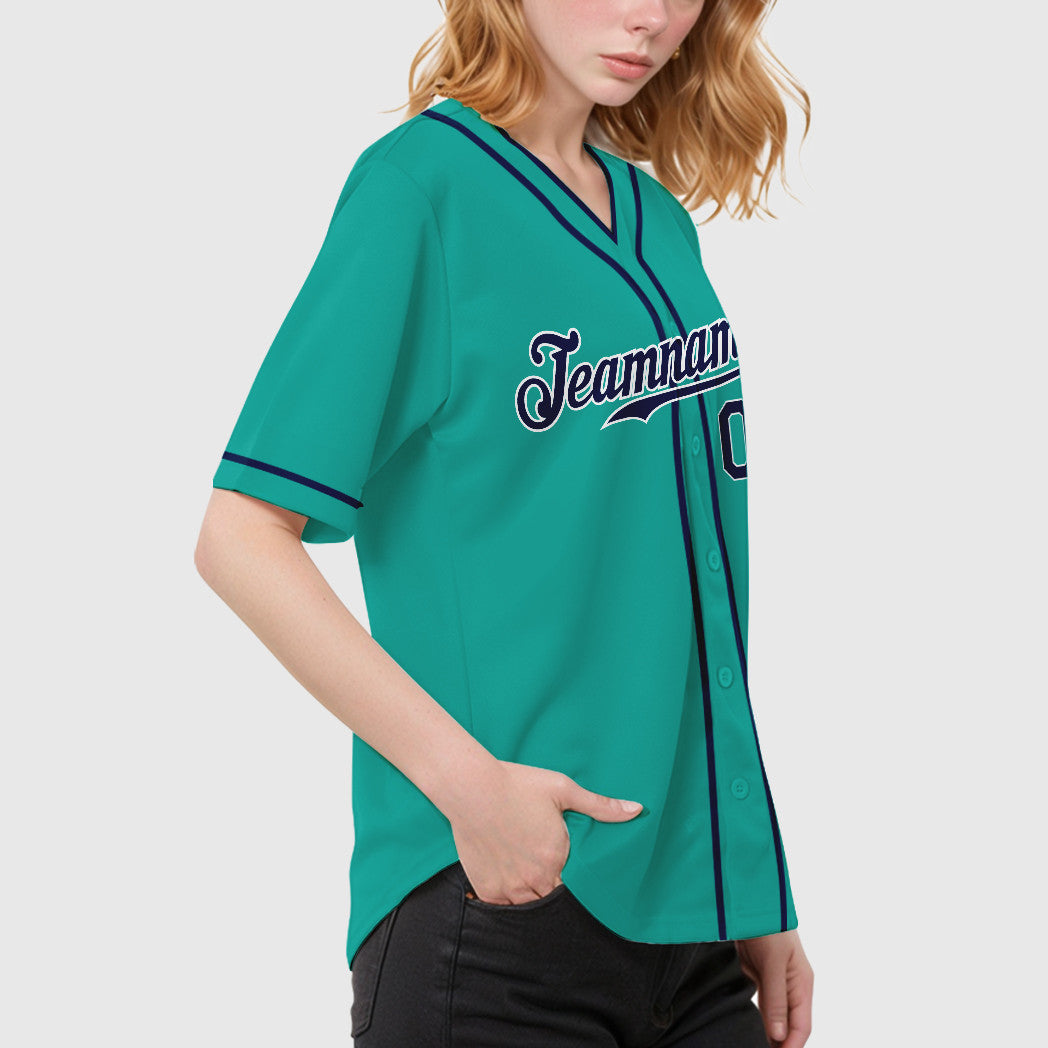 Custom Aqua White Navy Piping Baseball Jersey