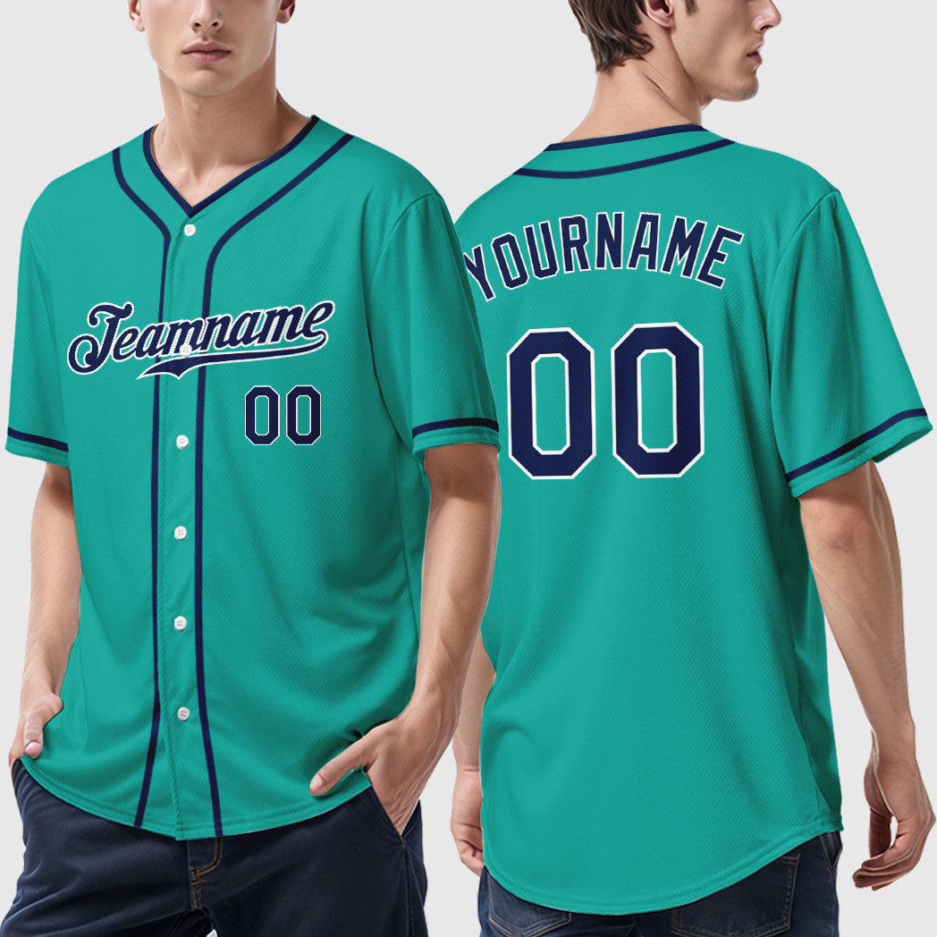 Custom Aqua White Navy Piping Baseball Jersey