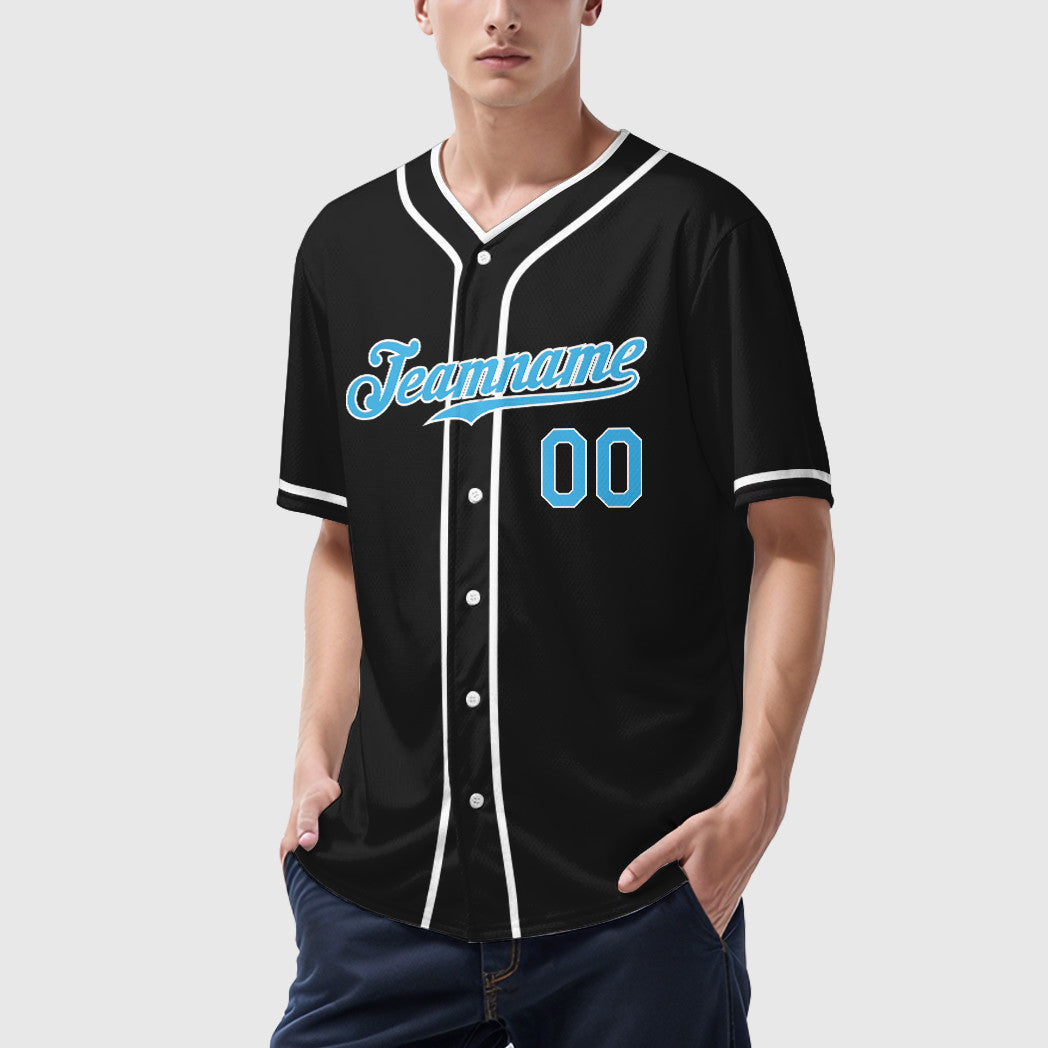Custom Black White Pinstripe-Sky Blue Piping Baseball Jersey