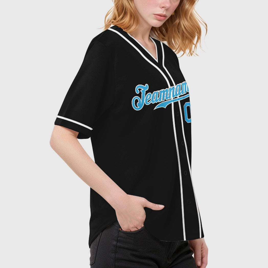 Custom Black White Pinstripe-Sky Blue Piping Baseball Jersey