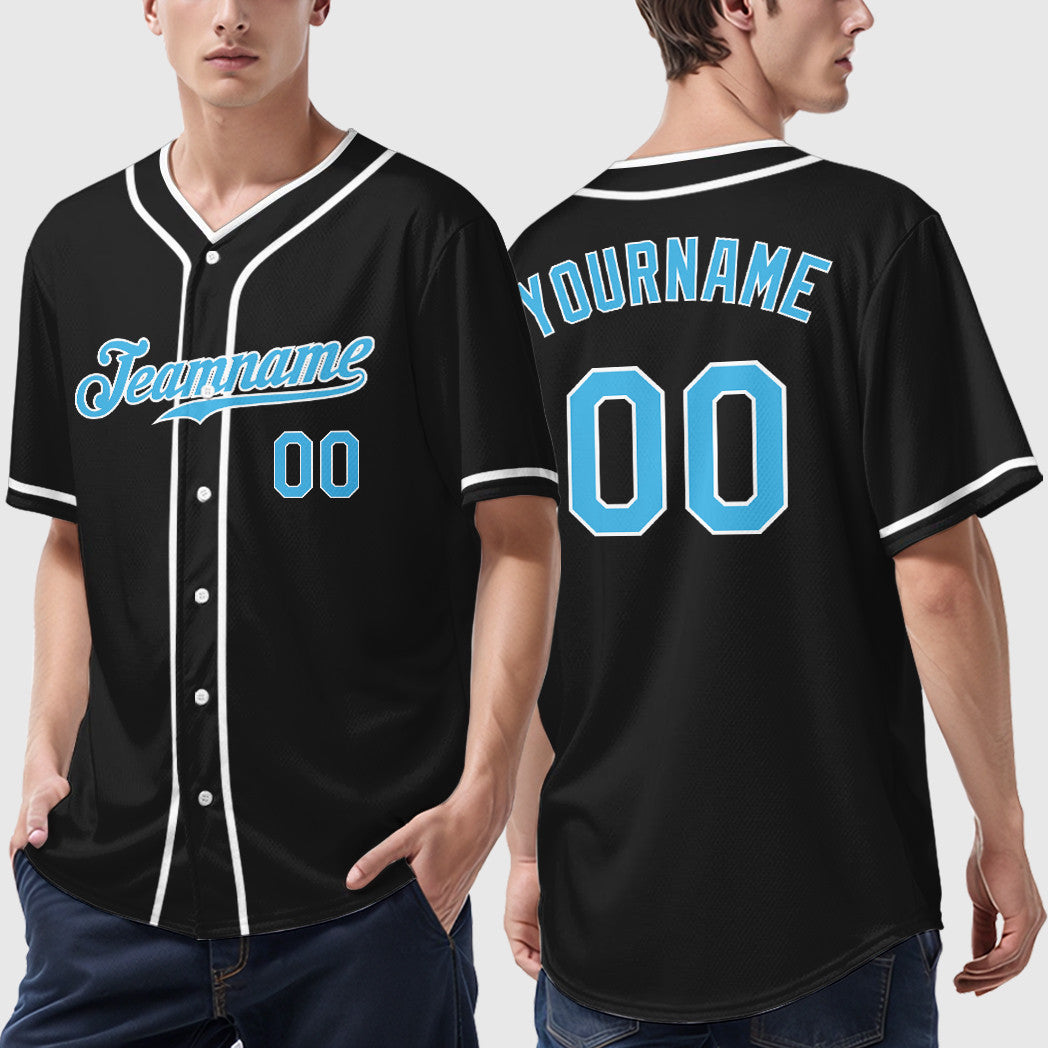 Custom Black White Pinstripe-Sky Blue Piping Baseball Jersey