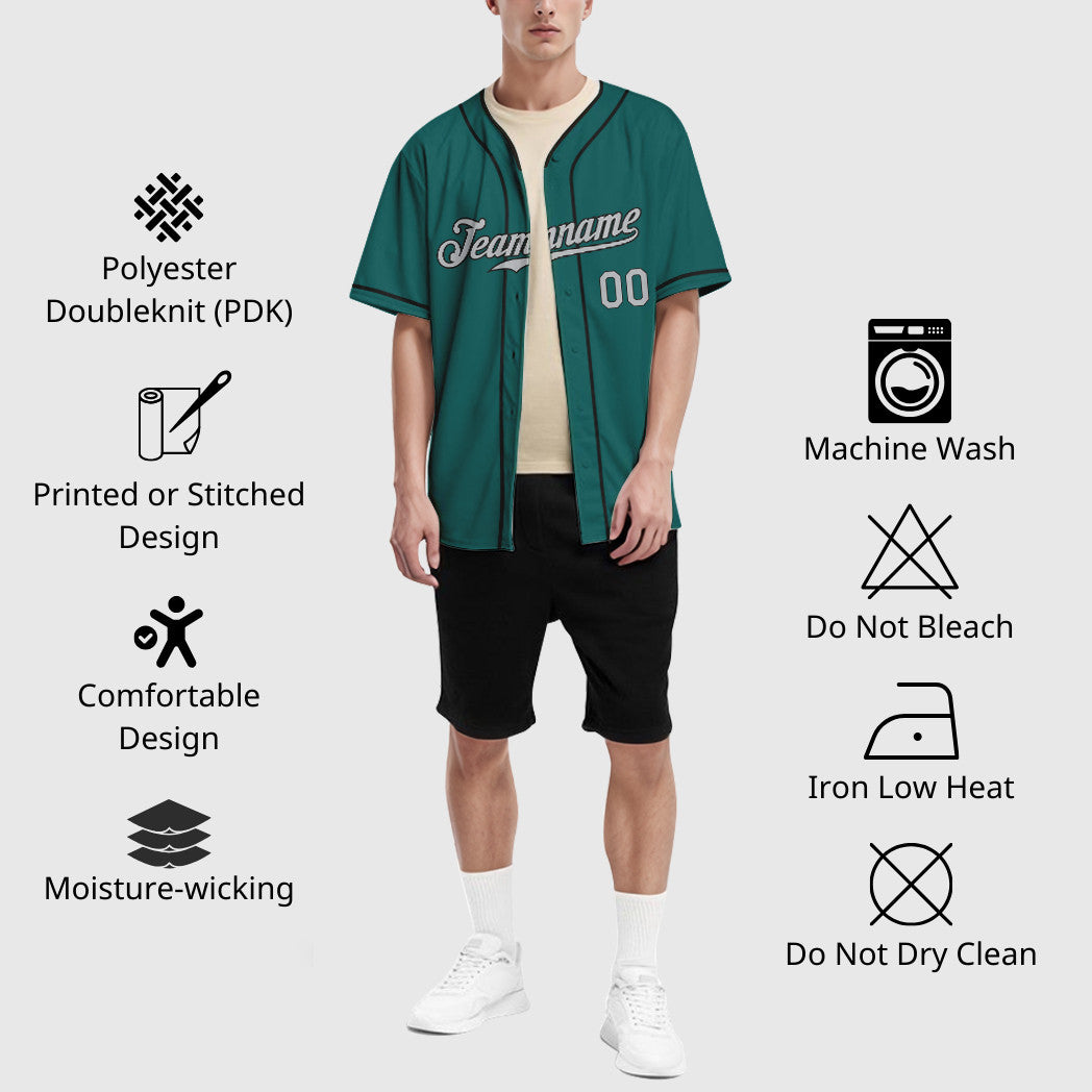 Custom Teal Gray Black Piping Baseball Jersey