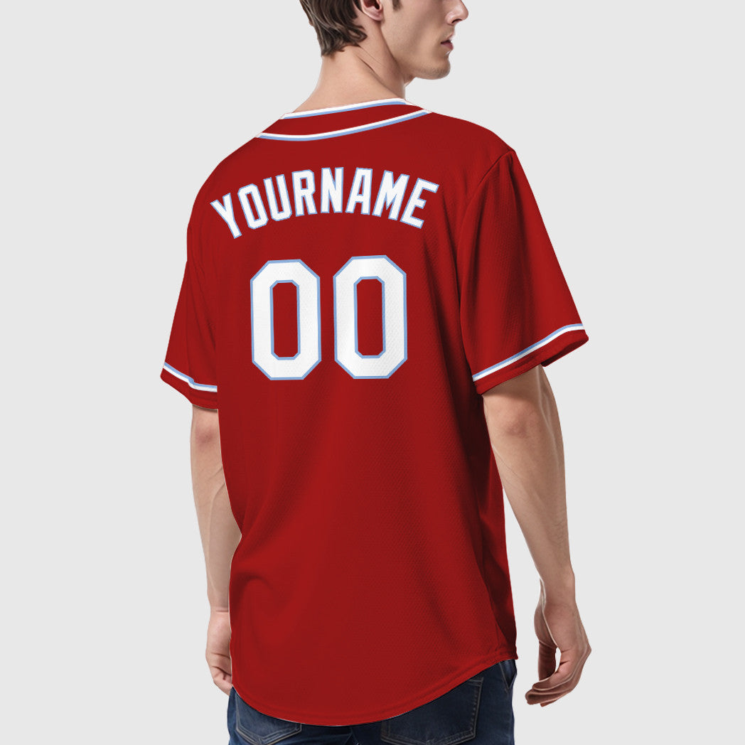 Custom Red White White-Light Blue Piping Baseball Jersey