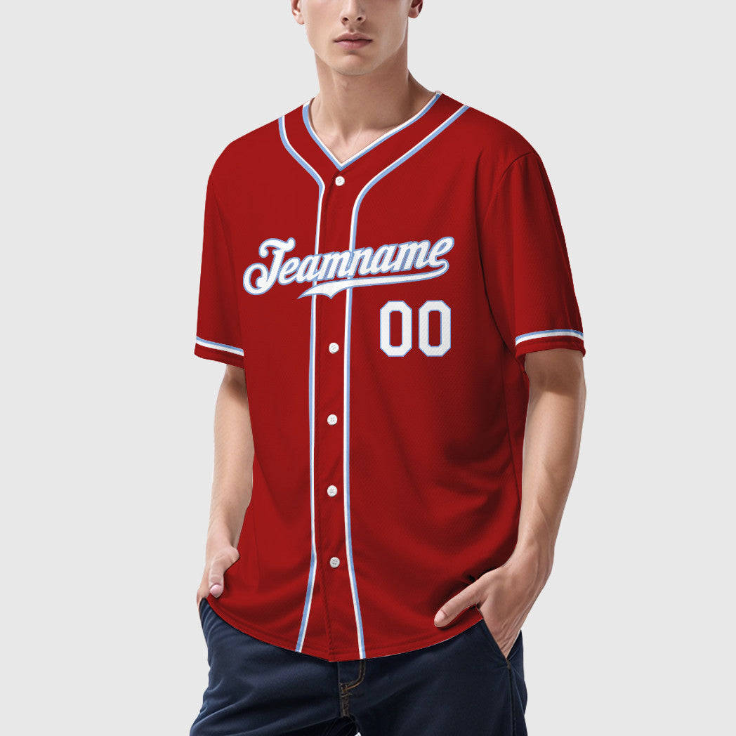 Custom Red White White-Light Blue Piping Baseball Jersey