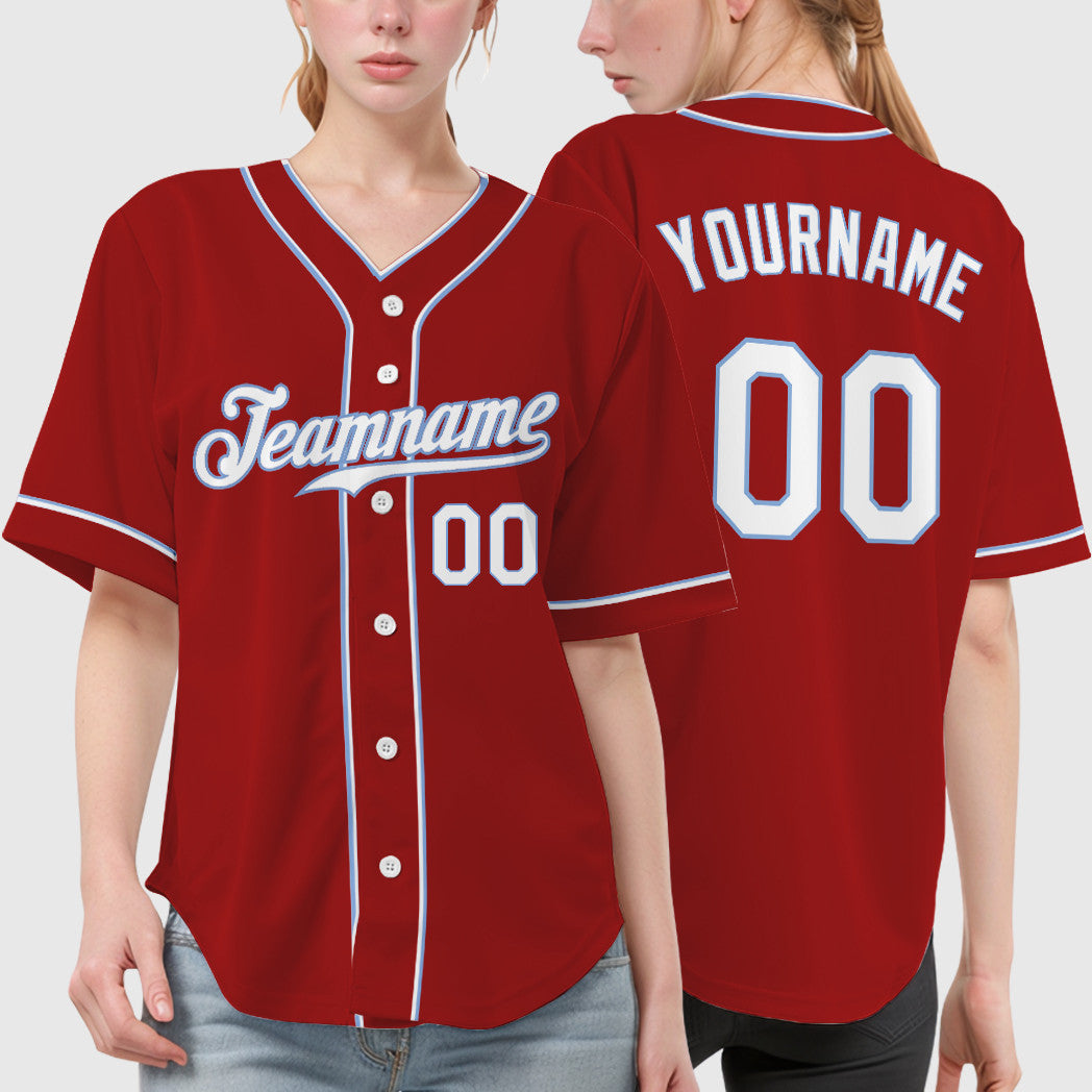 Custom Red White White-Light Blue Piping Baseball Jersey
