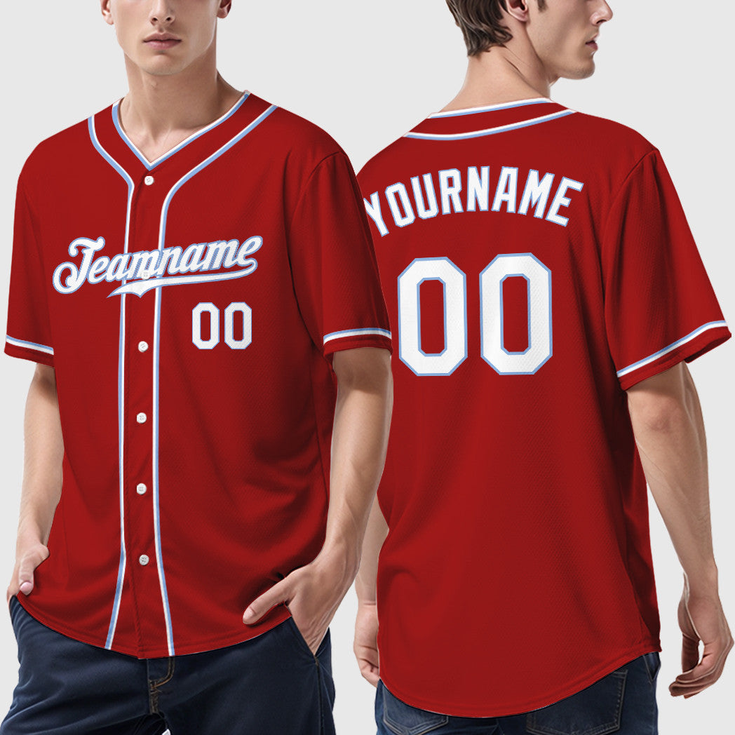 Custom Red White White-Light Blue Piping Baseball Jersey