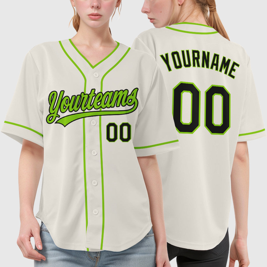 Custom Cream Black Neon Green Piping Baseball Jersey