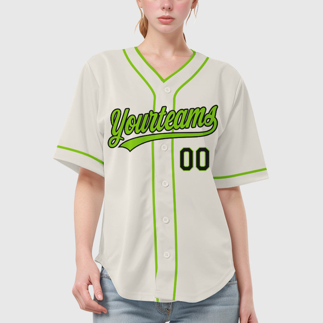 Custom Cream Black Neon Green Piping Baseball Jersey