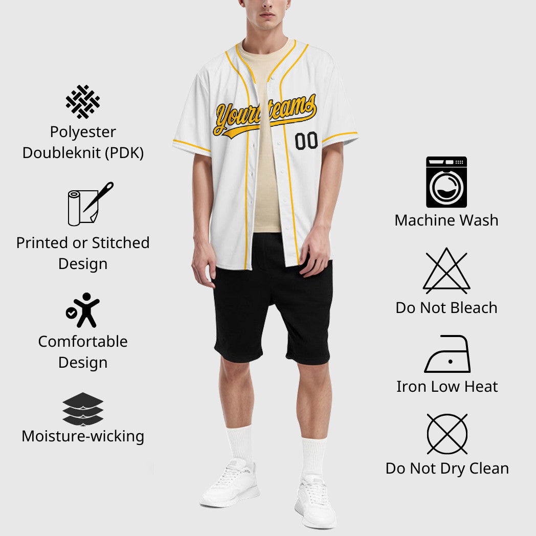 Custom White Black Gold Piping Baseball Jersey