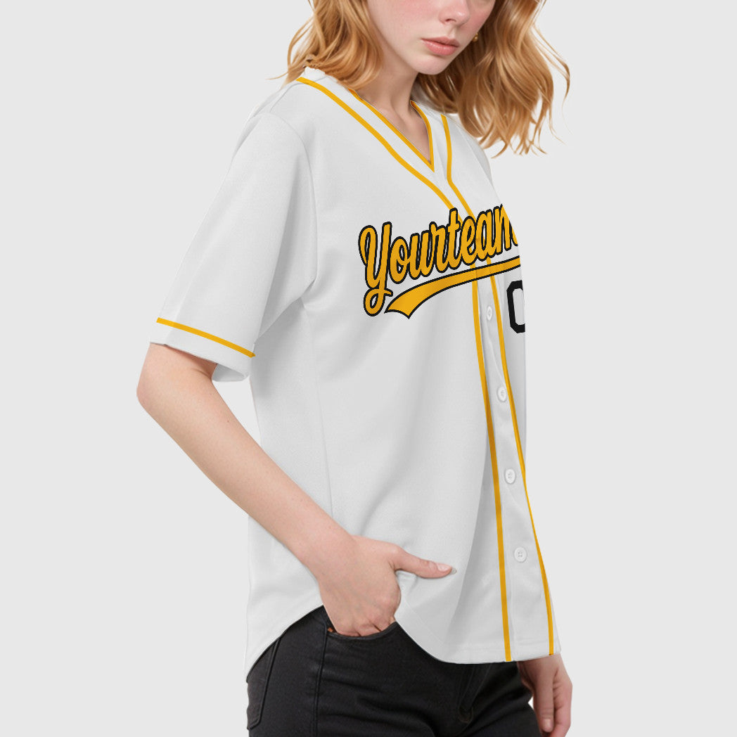 Custom White Black Gold Piping Baseball Jersey