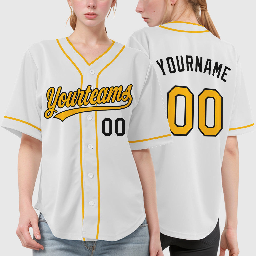 Custom White Black Gold Piping Baseball Jersey