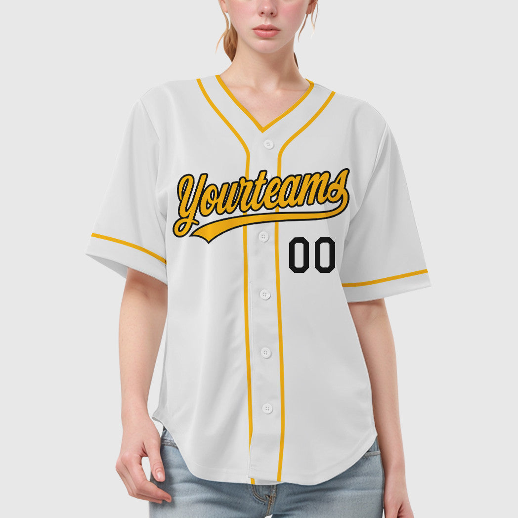 Custom White Black Gold Piping Baseball Jersey