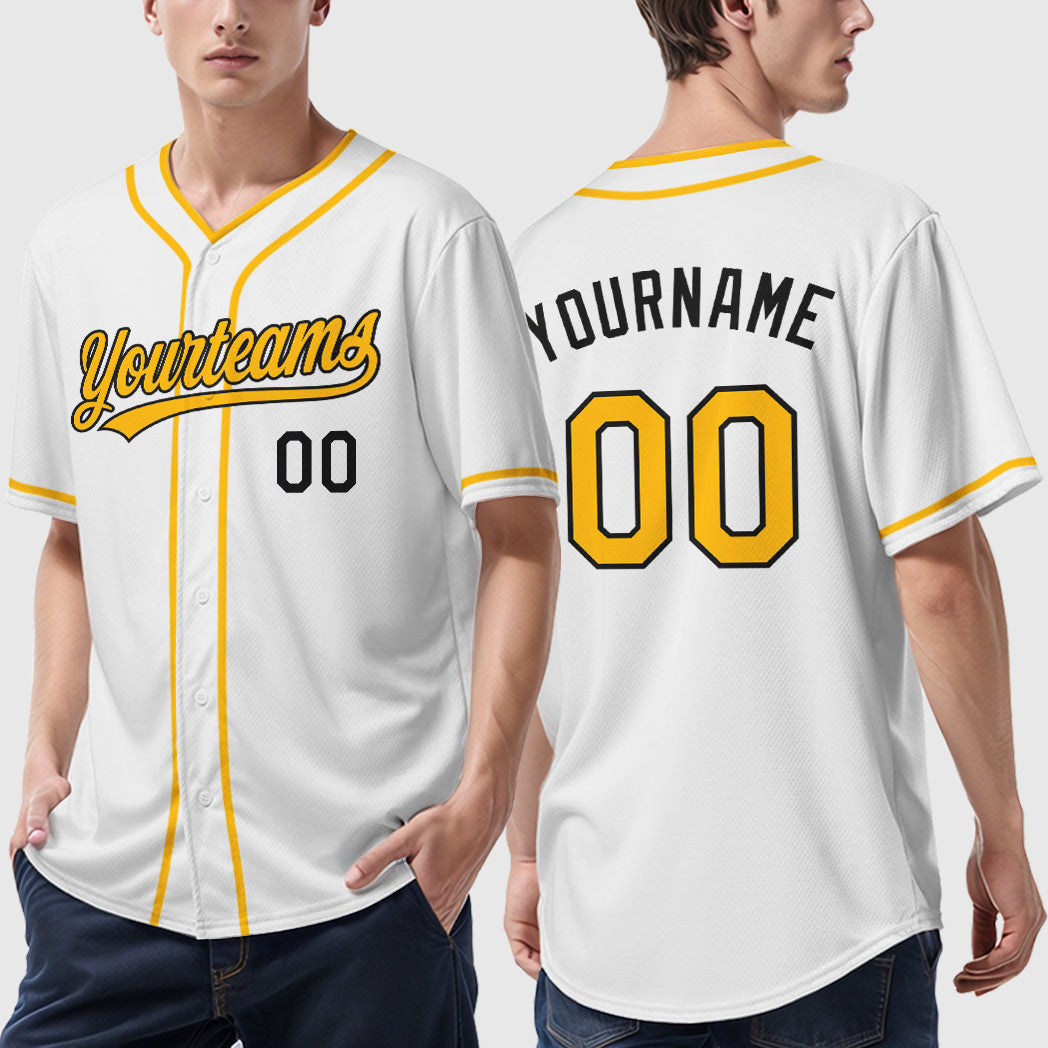 Custom White Black Gold Piping Baseball Jersey