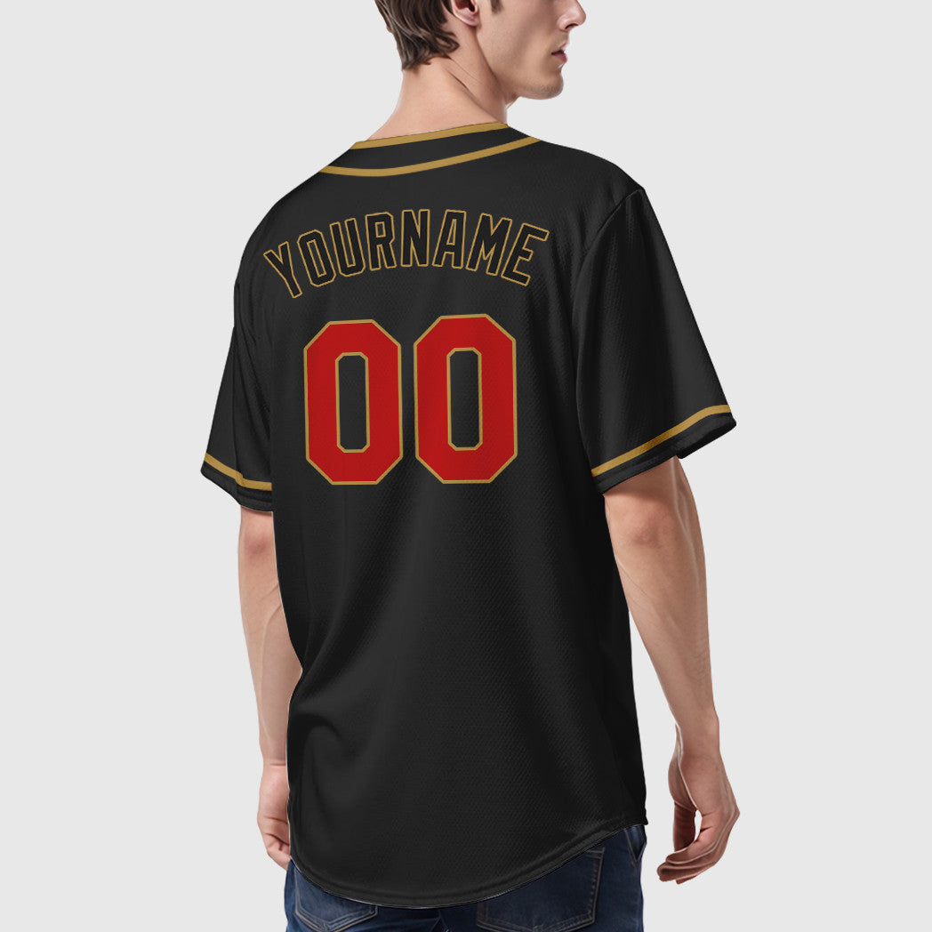 Custom Black Old Gold Red-Old Gold Piping Baseball Jersey