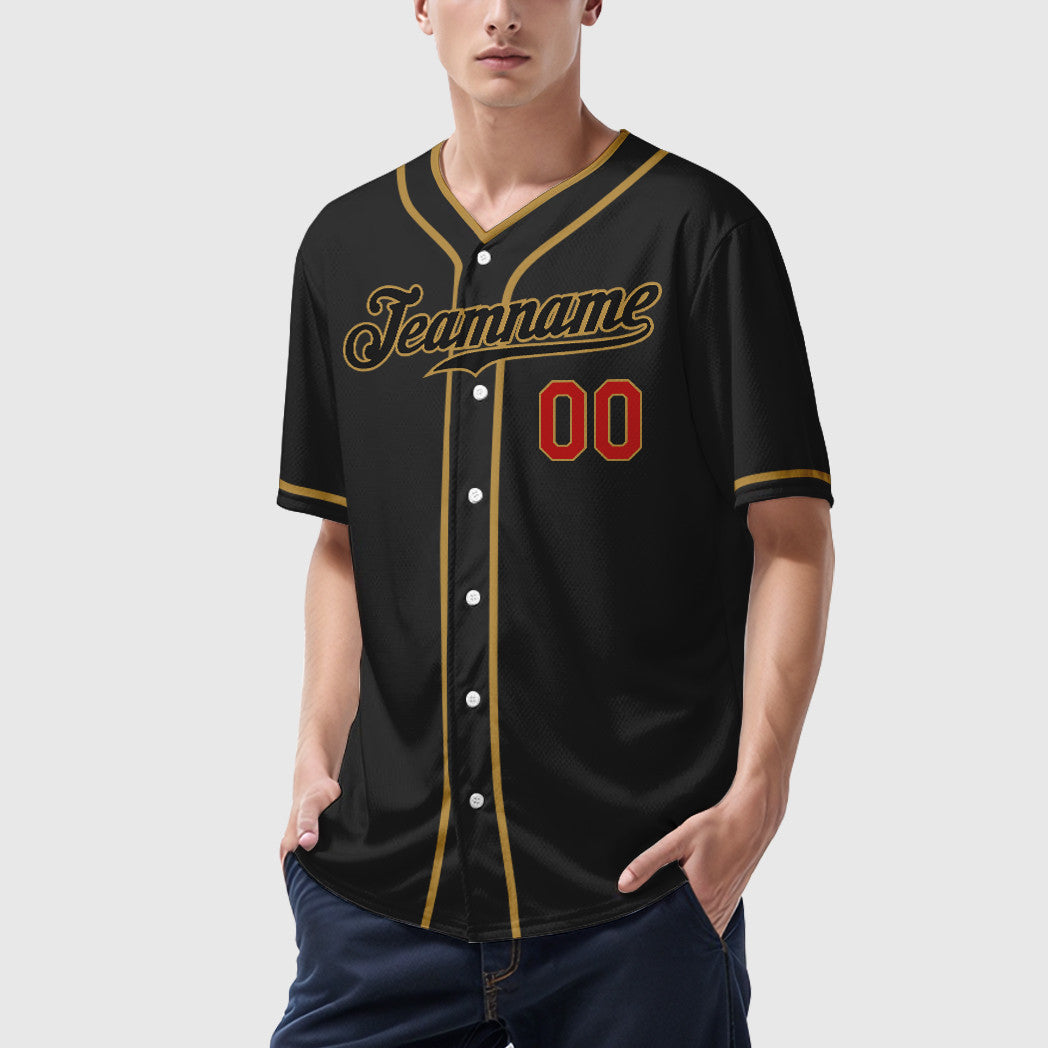 Custom Black Old Gold Red-Old Gold Piping Baseball Jersey
