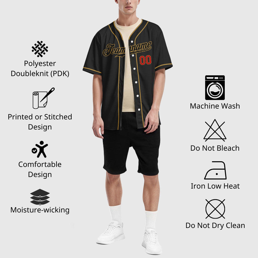 Custom Black Old Gold Red-Old Gold Piping Baseball Jersey