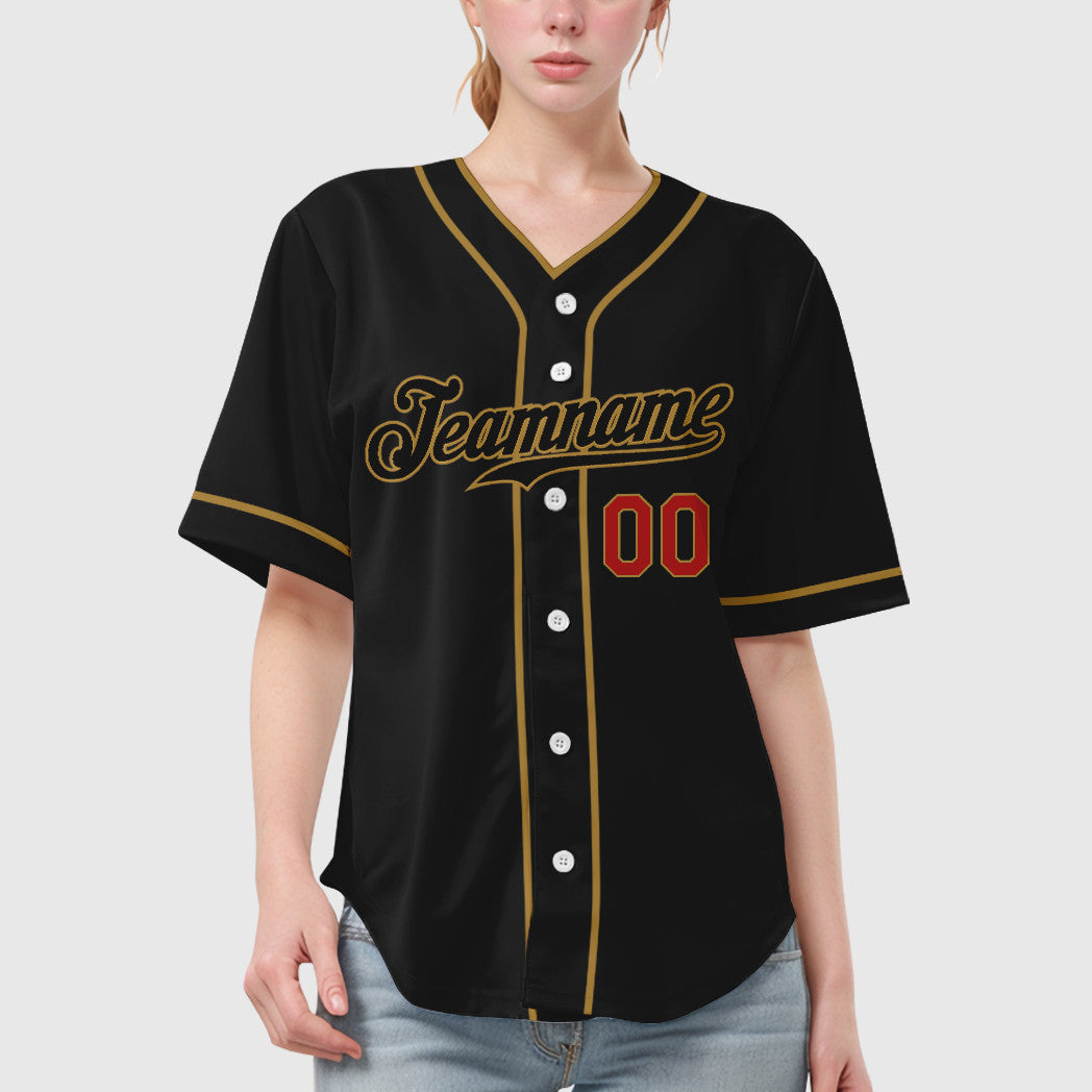 Custom Black Old Gold Red-Old Gold Piping Baseball Jersey