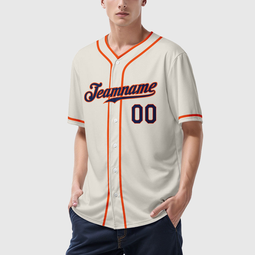 Custom Cream Navy Orange Piping Baseball Jersey